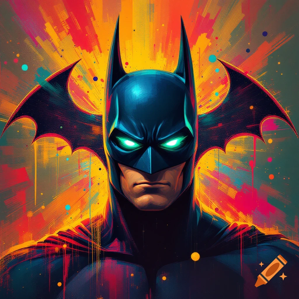 Stylized image of Batman with glowing eyes and a large logo against a colorful, abstract background