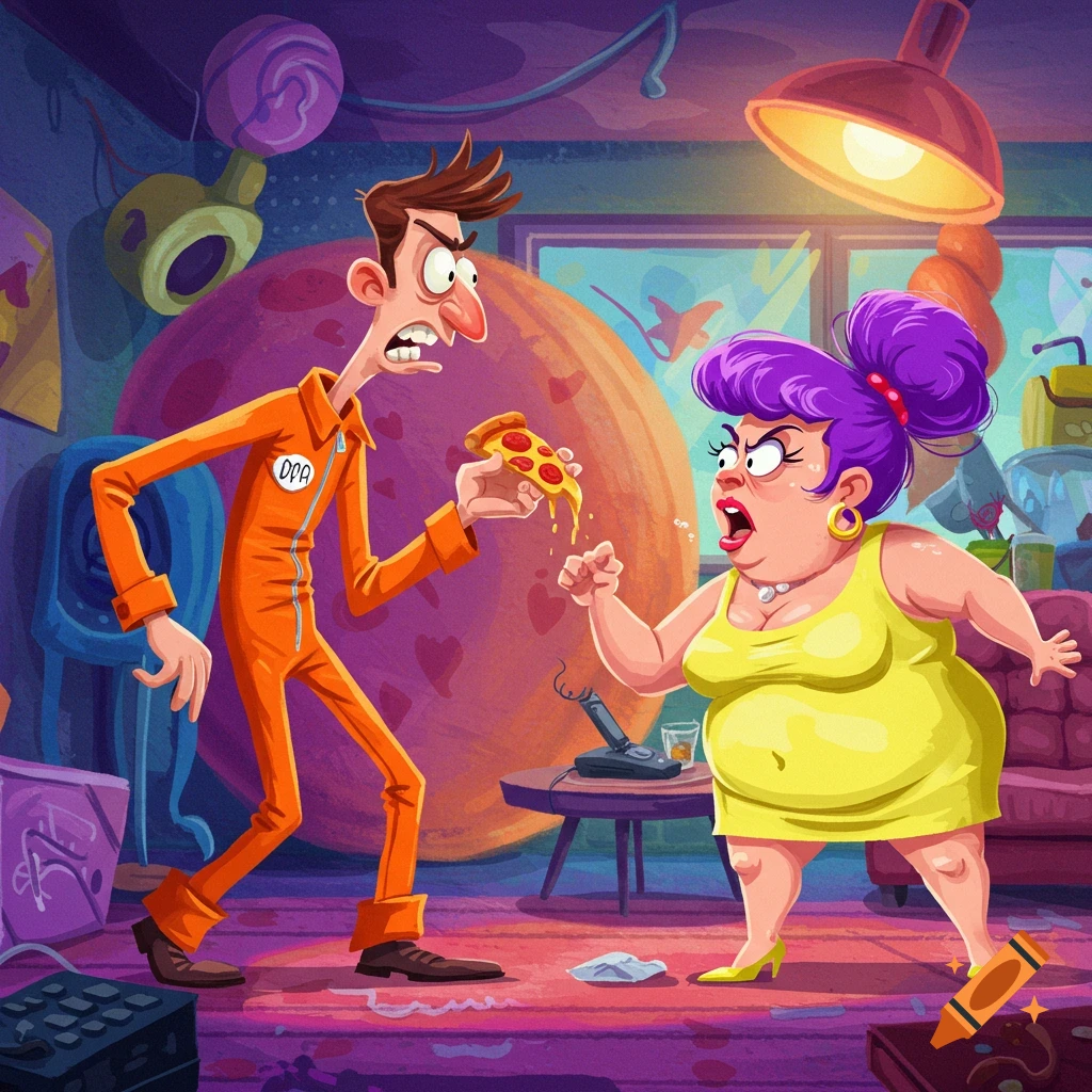 Cartoon man in orange suit holding dripping pizza argues with an angry woman in a yellow dress.