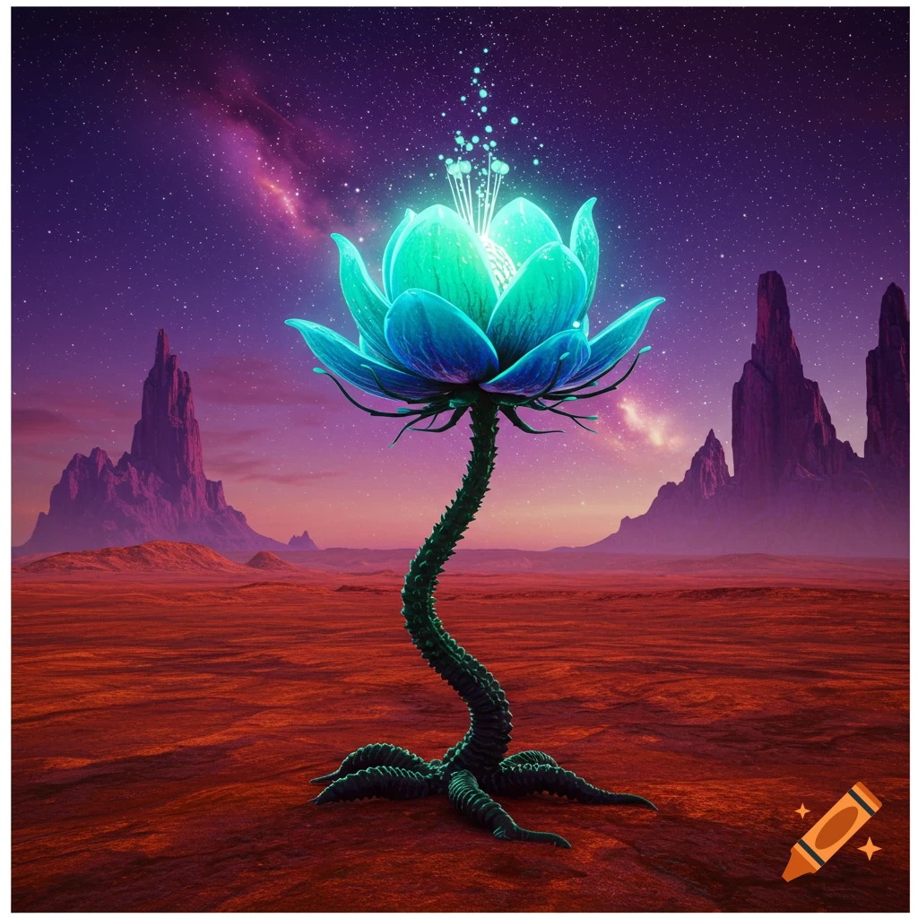 A glowing alien flower on a red planet under a starry purple sky.