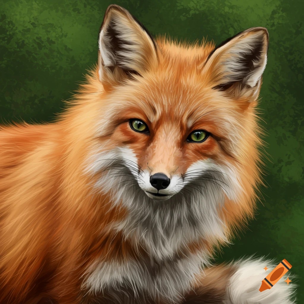 A fox's face with green eyes and a green background.