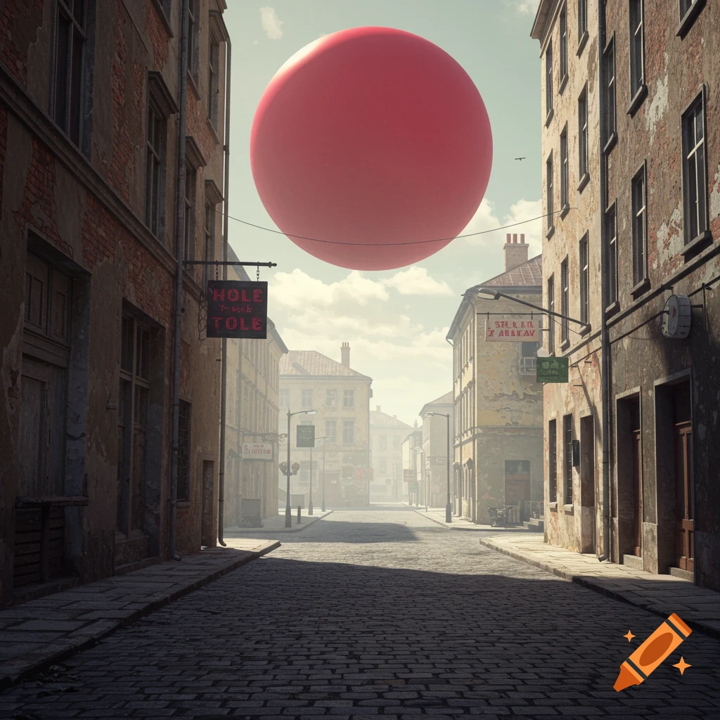 A large red sphere hovers above a cobblestone street lined with old buildings.