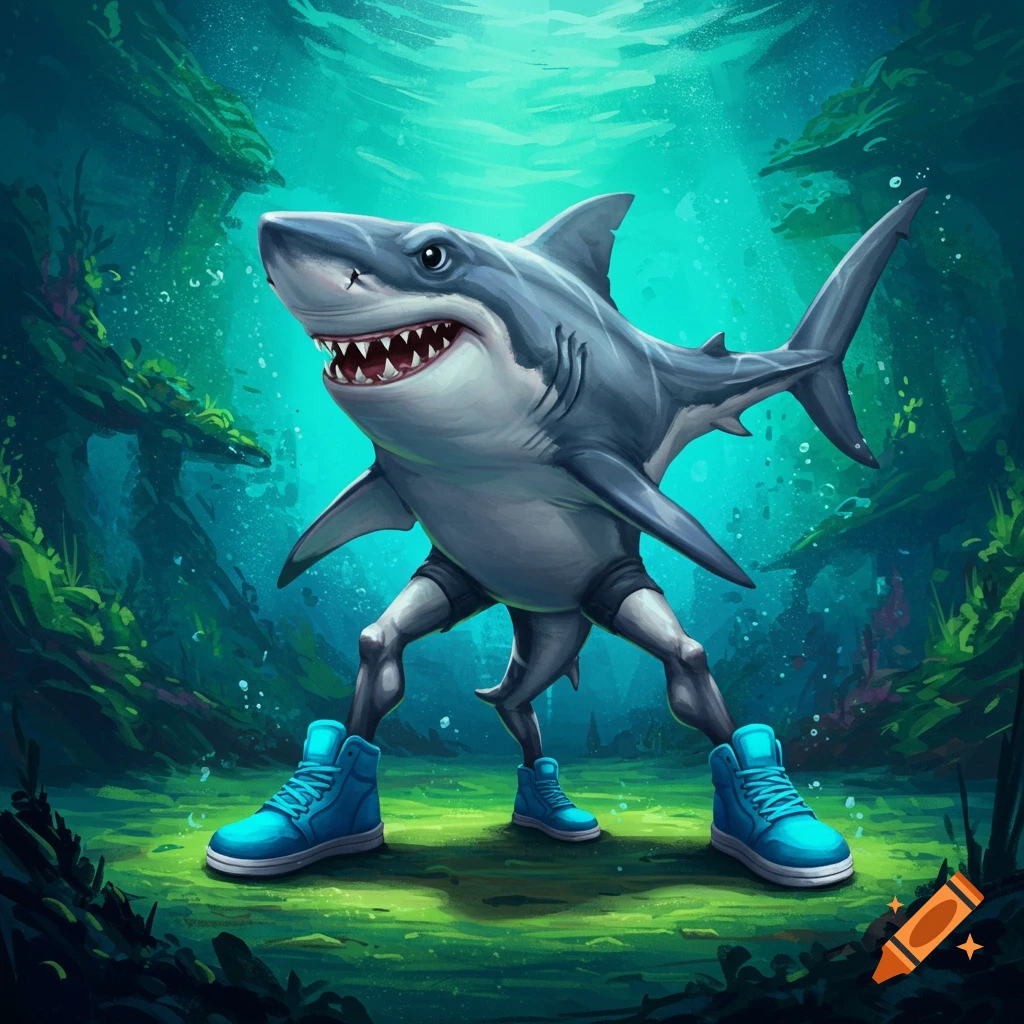 A cartoon shark stands on three legs wearing blue sneakers in an underwater scene.
