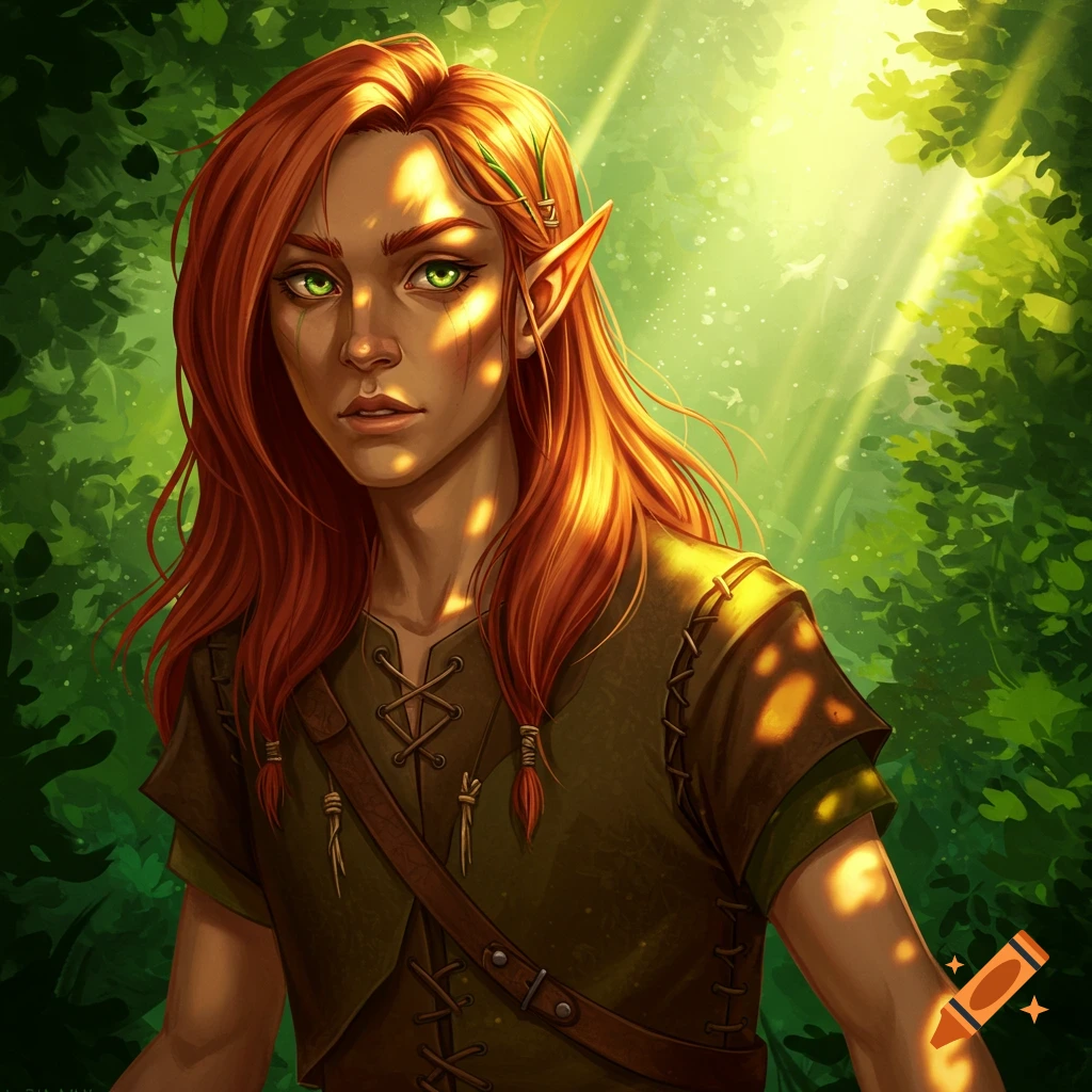 A wood elf with red hair and green eyes in a sunlit forest.