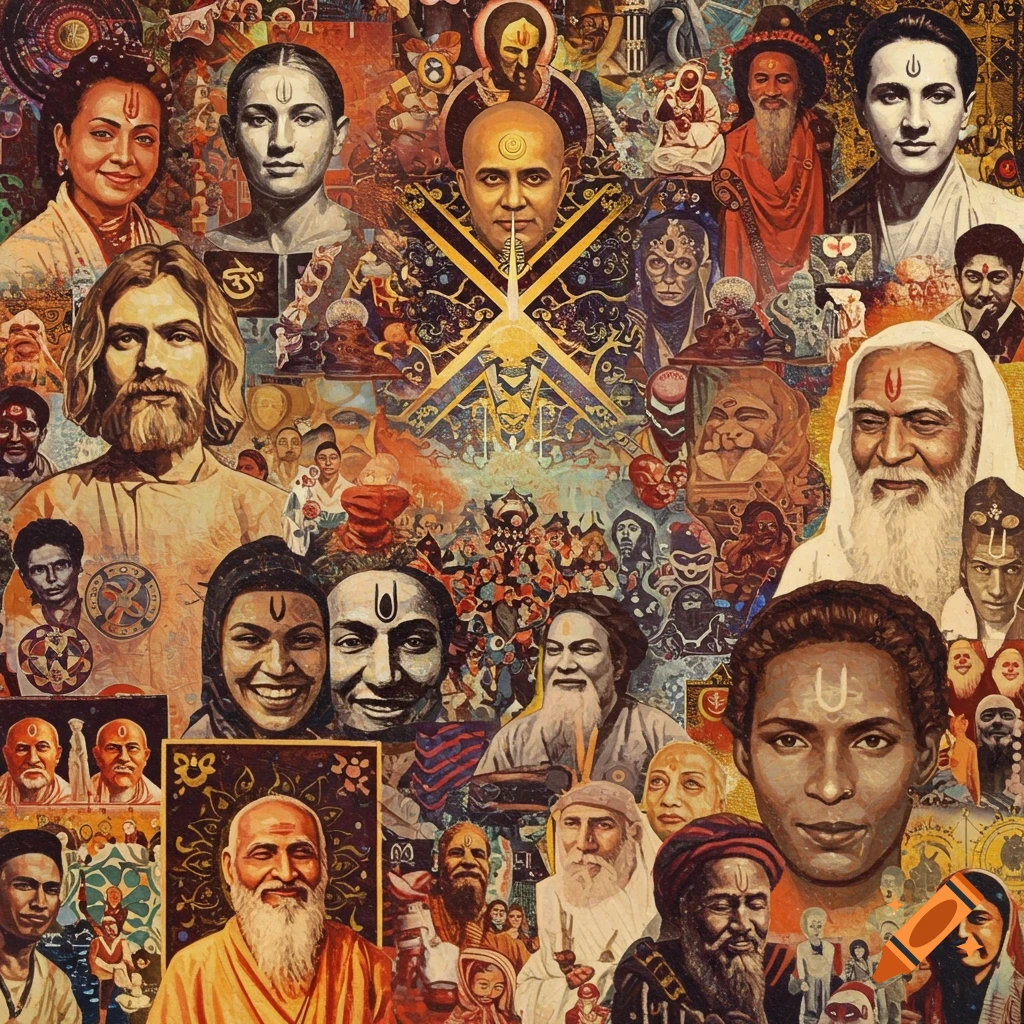 Collage of portraits featuring various spiritual figures and gurus with symbols.