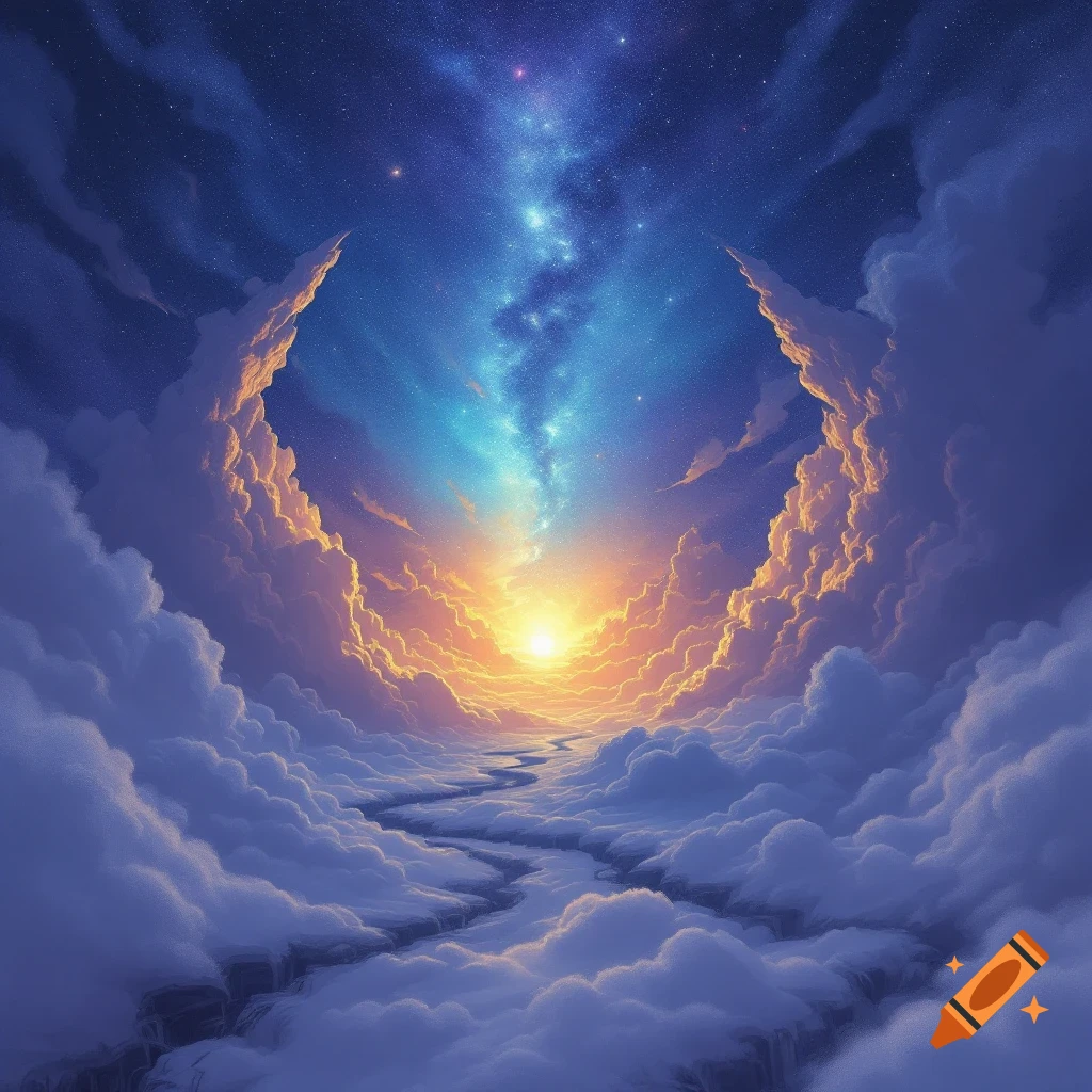 A path through clouds towards a sun and starry sky.