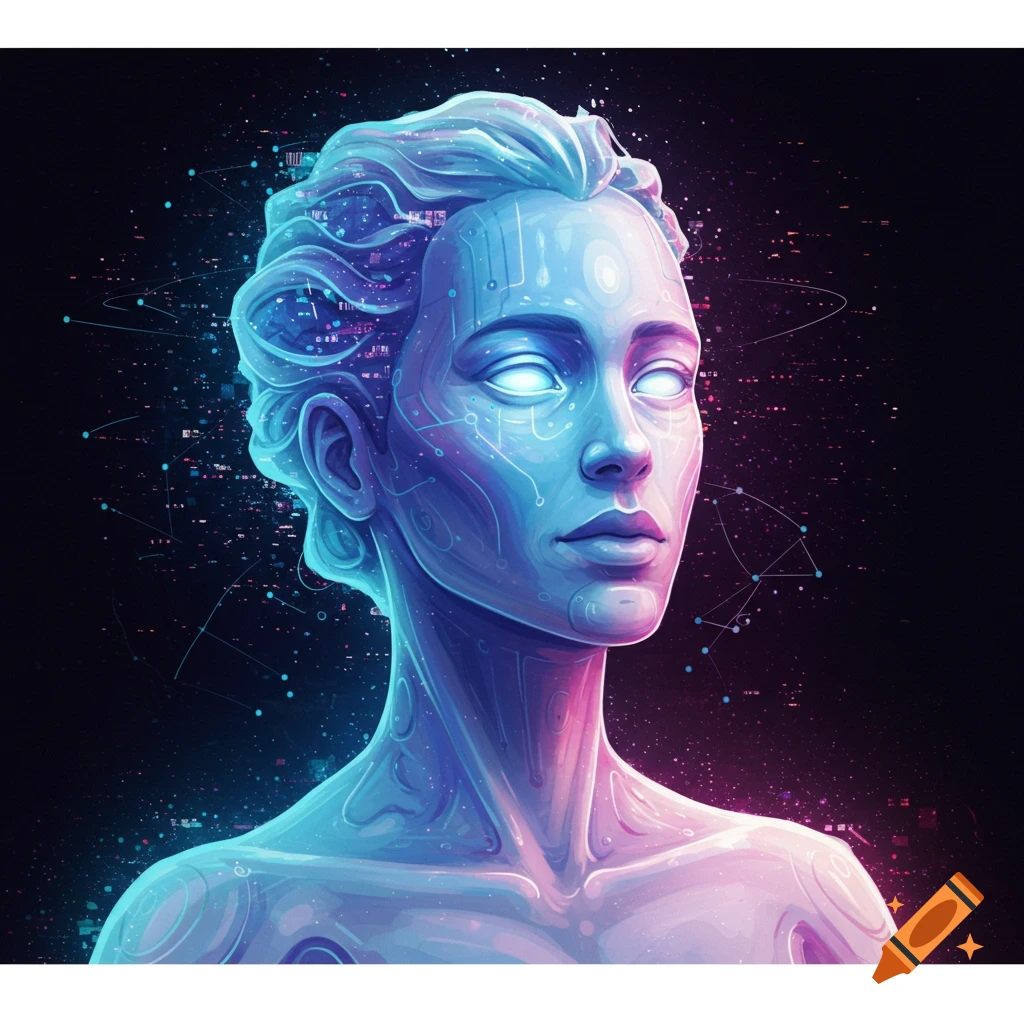 A glowing, circuit-covered figure with glowing eyes, in a sci-fi style.