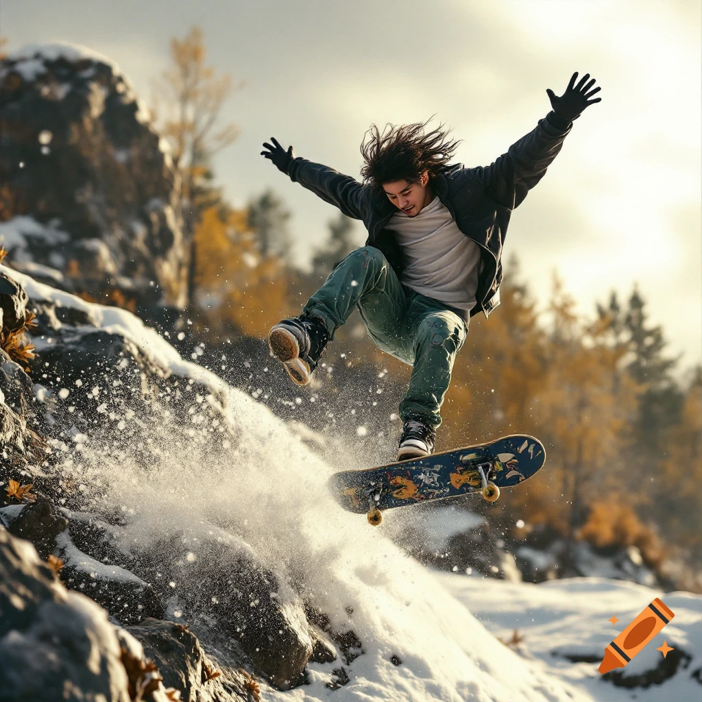 A person does a skateboarding trick, spraying snow as they launch off a snowy mound in a mountain landscape.