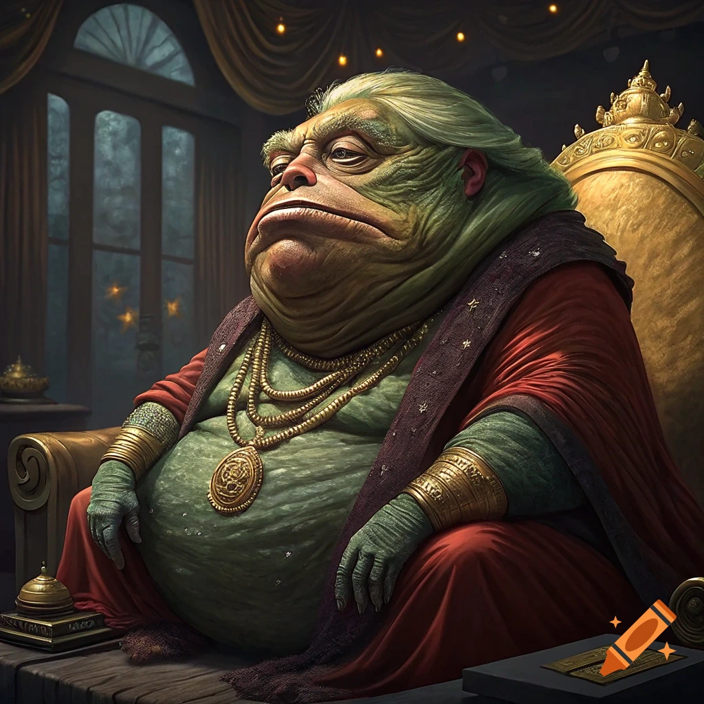 Large green creature resembling Jabba the Hutt, wearing golden jewelry and cloak, sits on a throne.