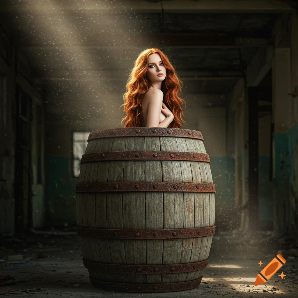 A woman with long red hair is in a barrel in an abandoned warehouse with light beams.