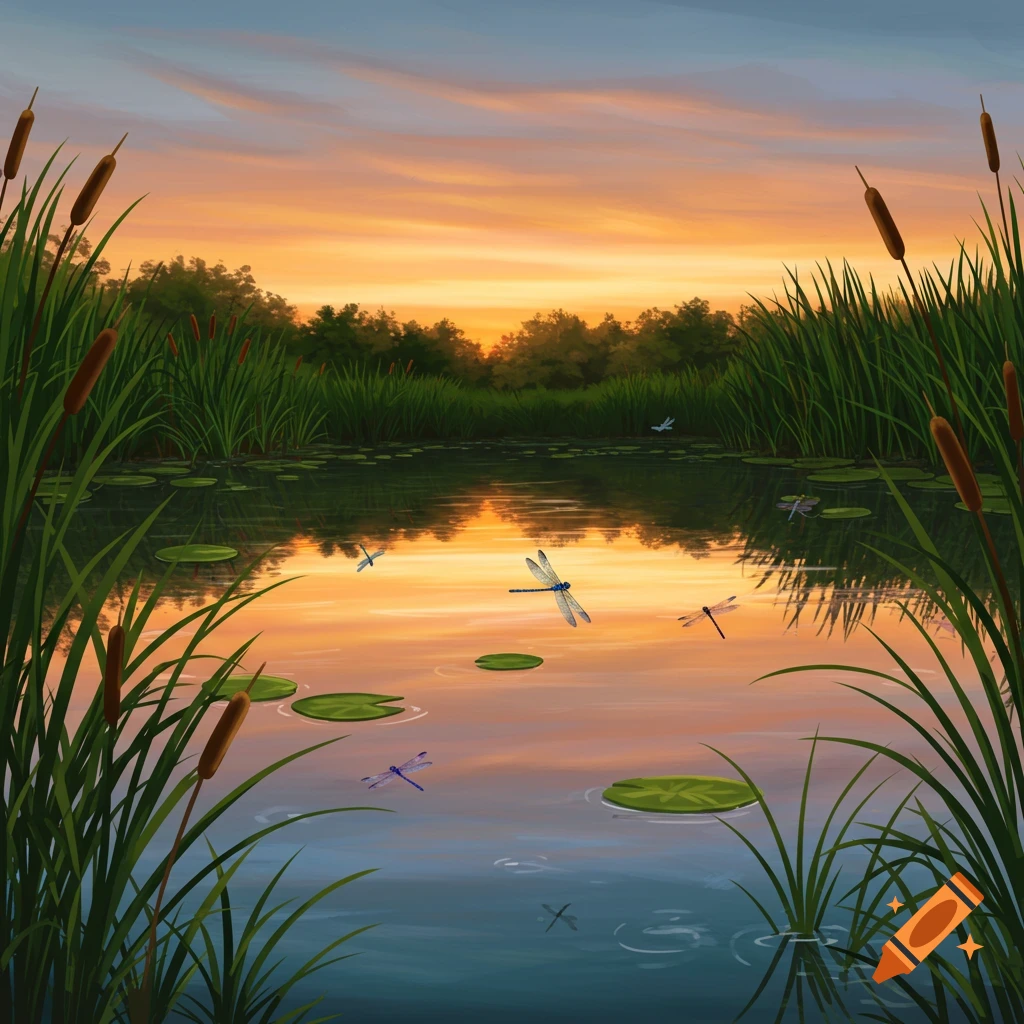 A pond landscape at sunset with cattails, lily pads, and dragonflies.
