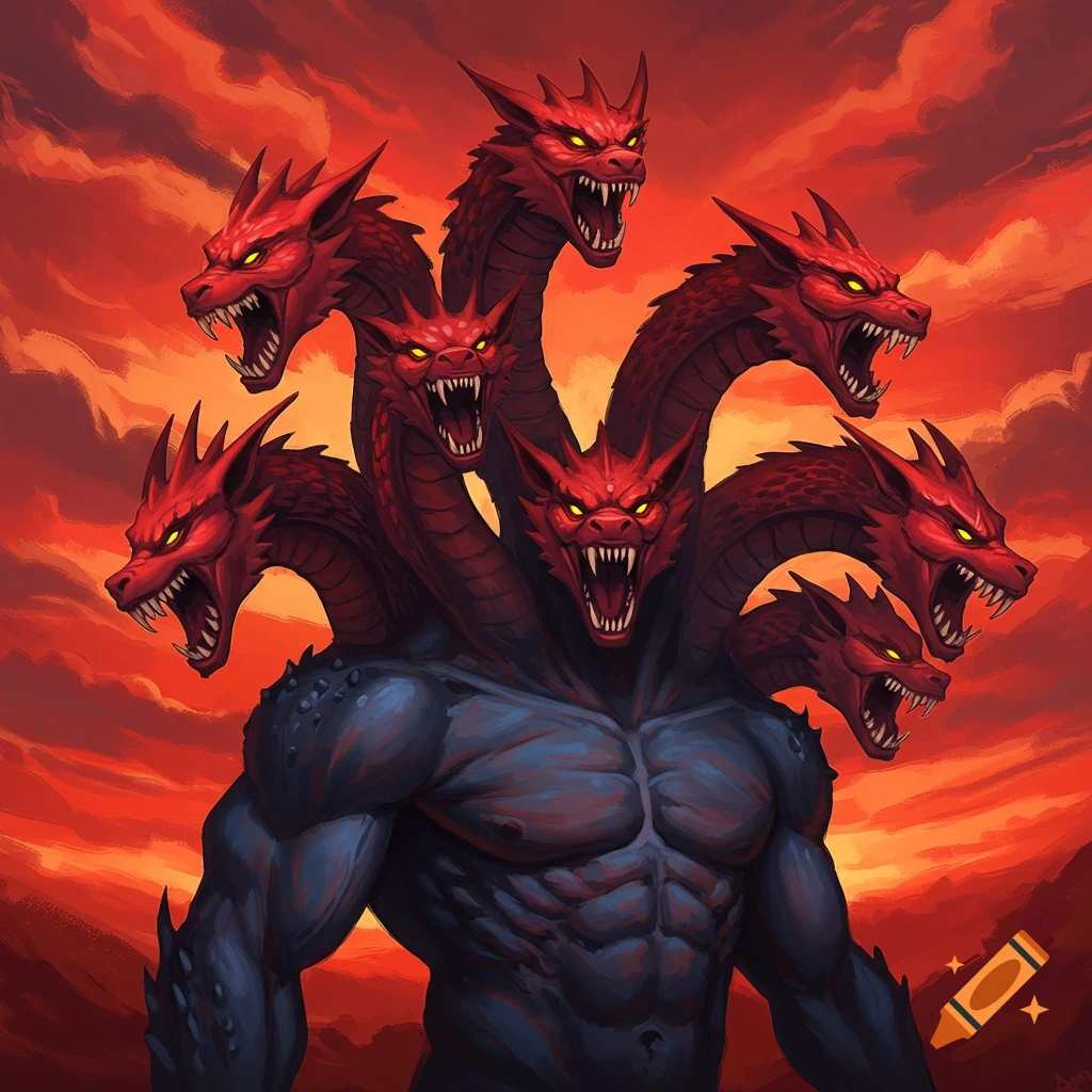 A muscular creature with eight red dragon heads and a dark body against an orange sky.