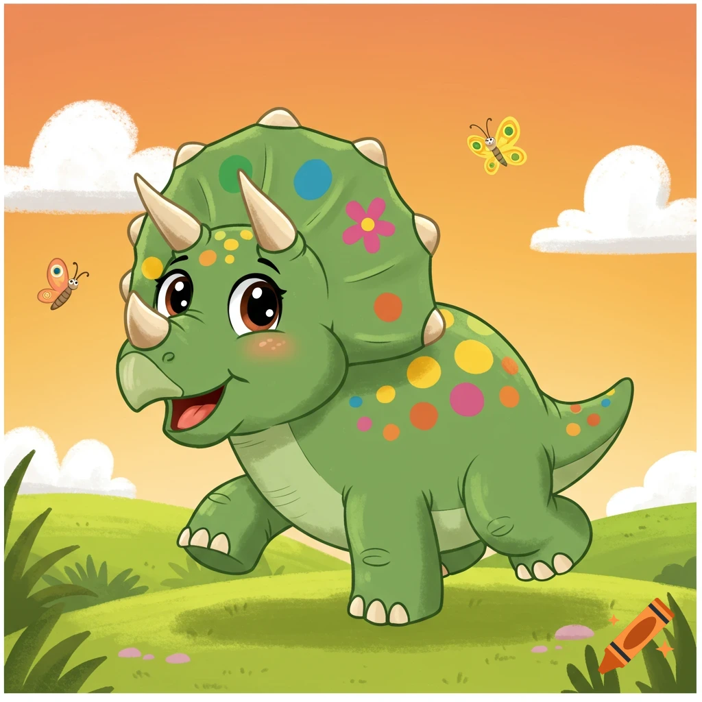 A cute green cartoon triceratops with colorful spots and flowers walks through a grassy landscape with butterflies under an orange sky.