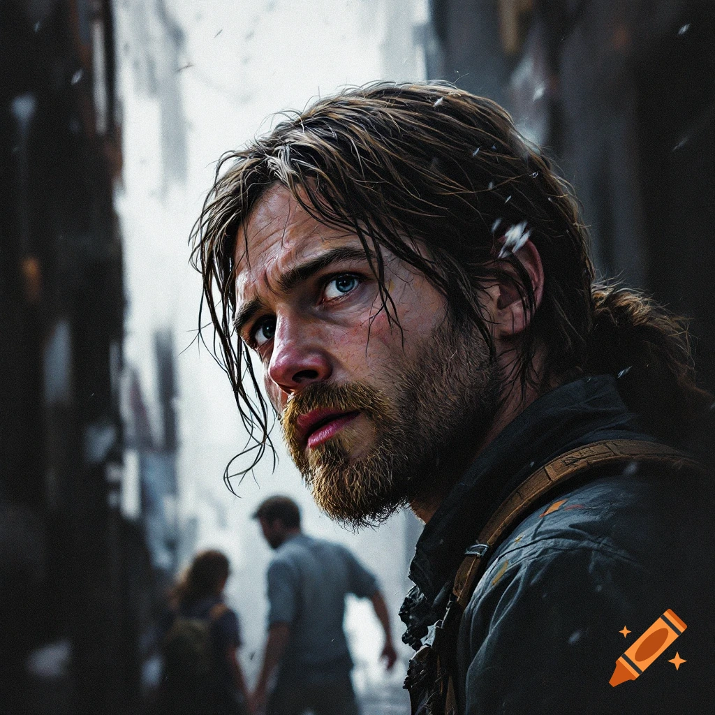 A man in a post-apocalyptic setting looking over his shoulder.
