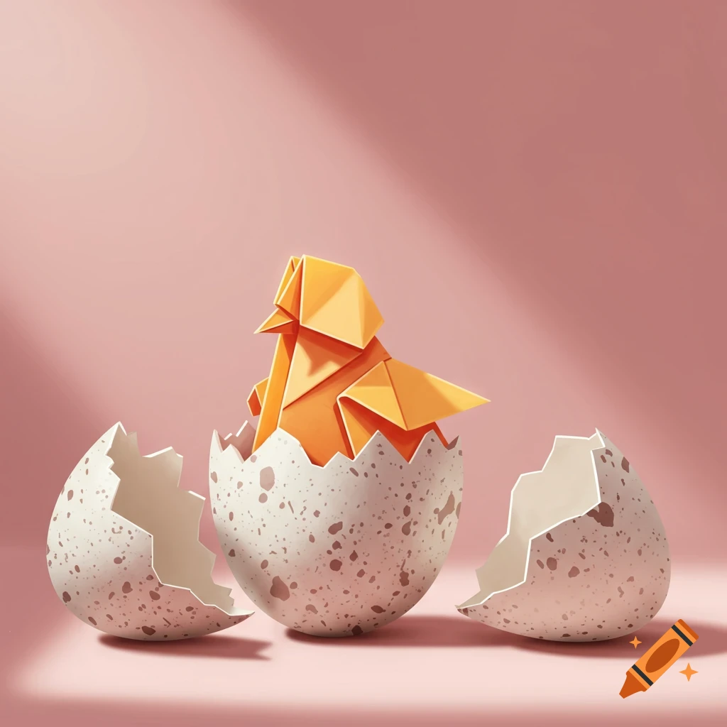 An orange origami chick hatches from a cracked eggshell.