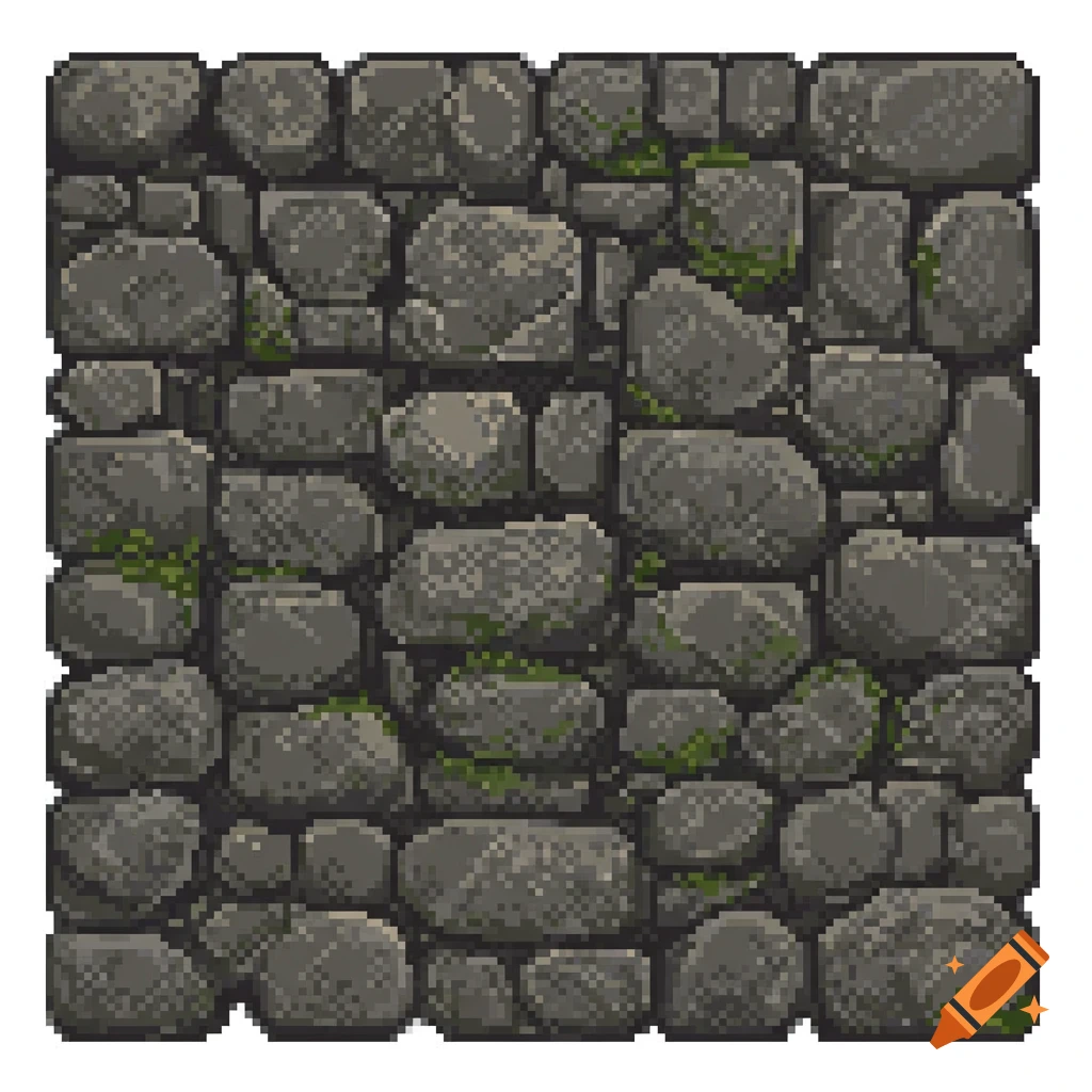 A pixel art stone wall texture with moss.