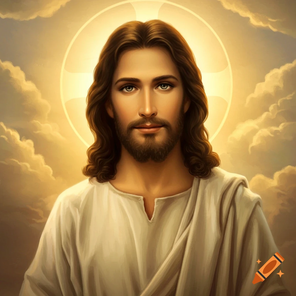 Jesus with a halo surrounded by clouds