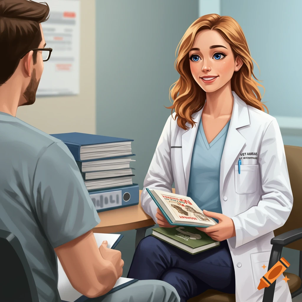 A woman in a white lab coat sits at a desk holding a book, talking to a man.