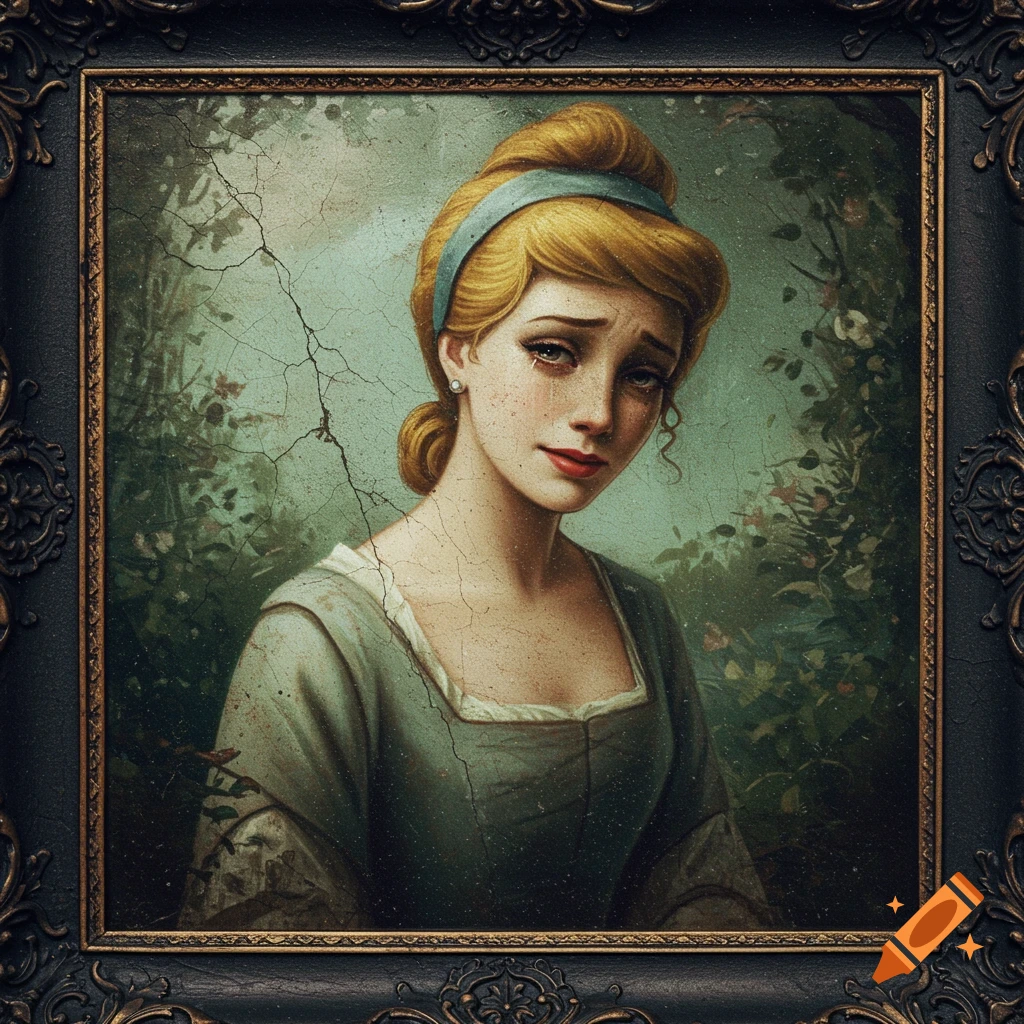 Old oil painting portrait of a sorrowful woman in a grey dress with a blue ribbon, framed.