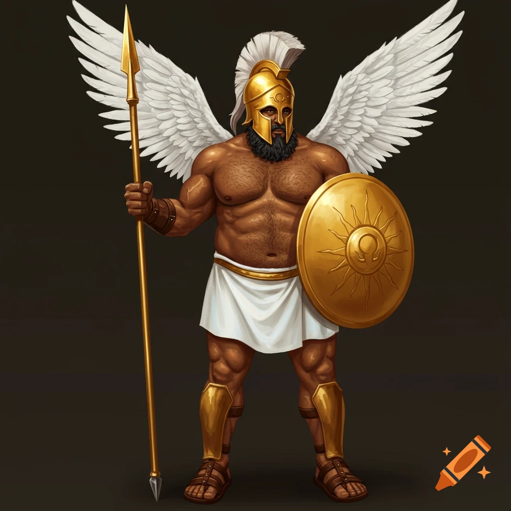 A winged warrior in golden armor holds a spear and shield. The armor features a sun and omega emblem.