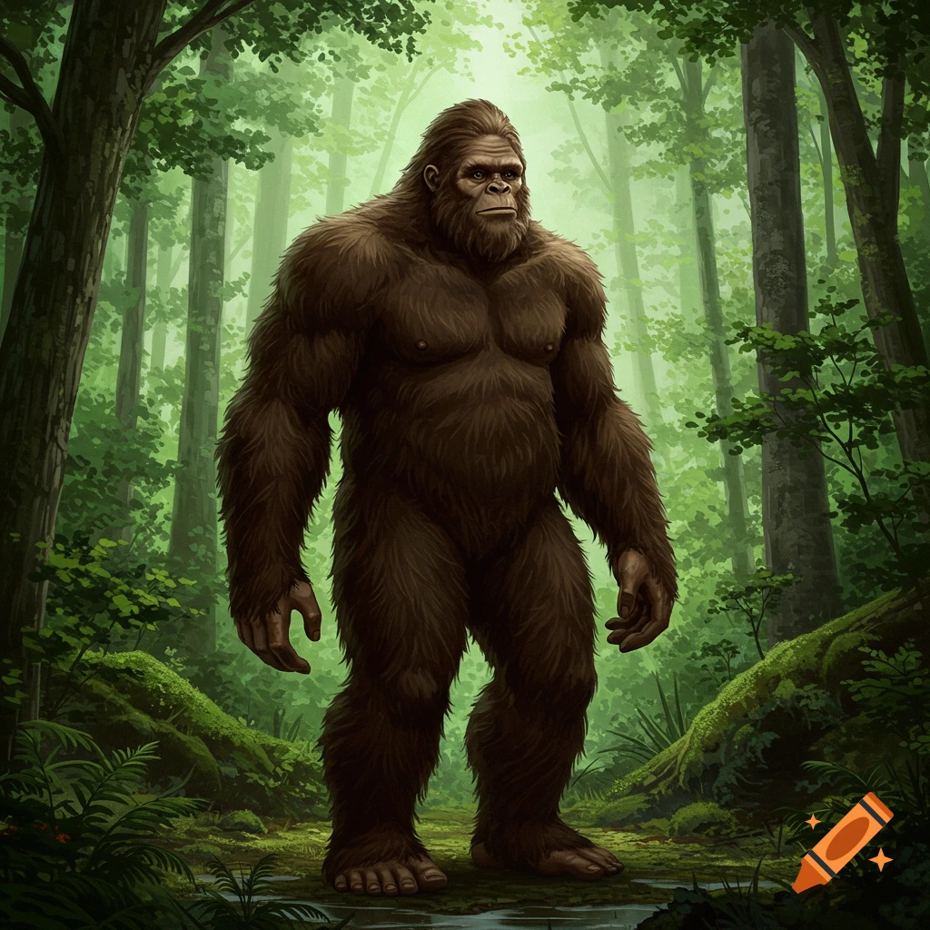 A large, brown, hairy Bigfoot creature standing in a green forest.