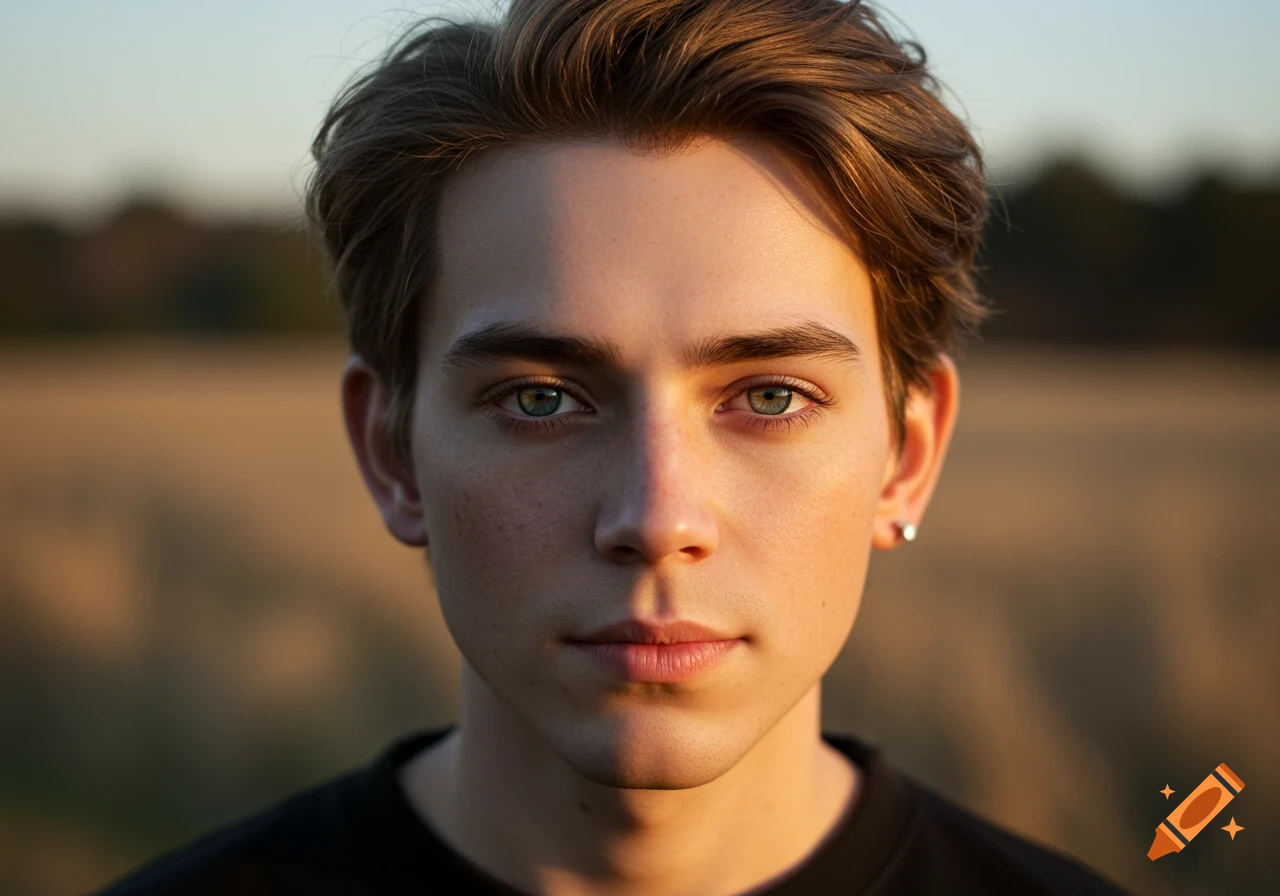 Close-up photorealistic portrait of a young man in a field at sunset.