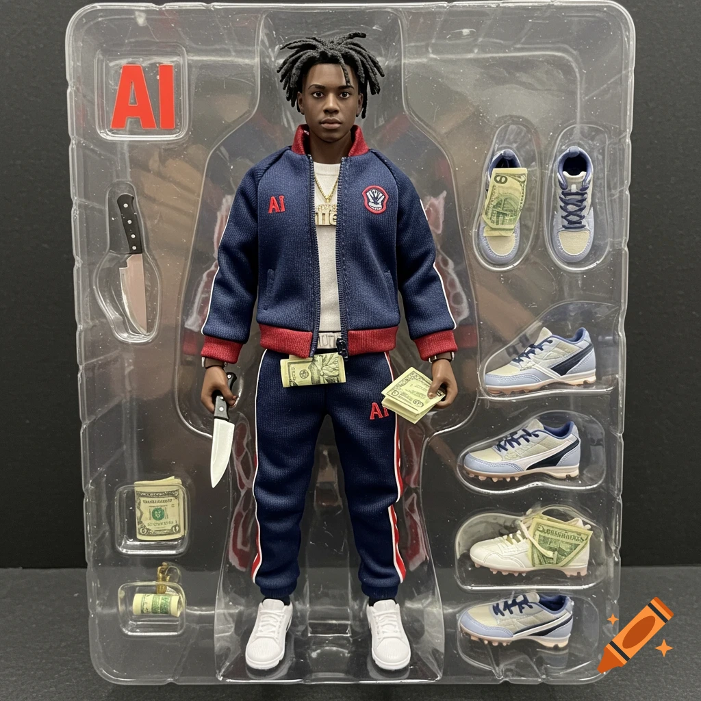 A plastic action figure of a man in a tracksuit holding a knife, packaged with accessories like money and multiple pairs of shoes.