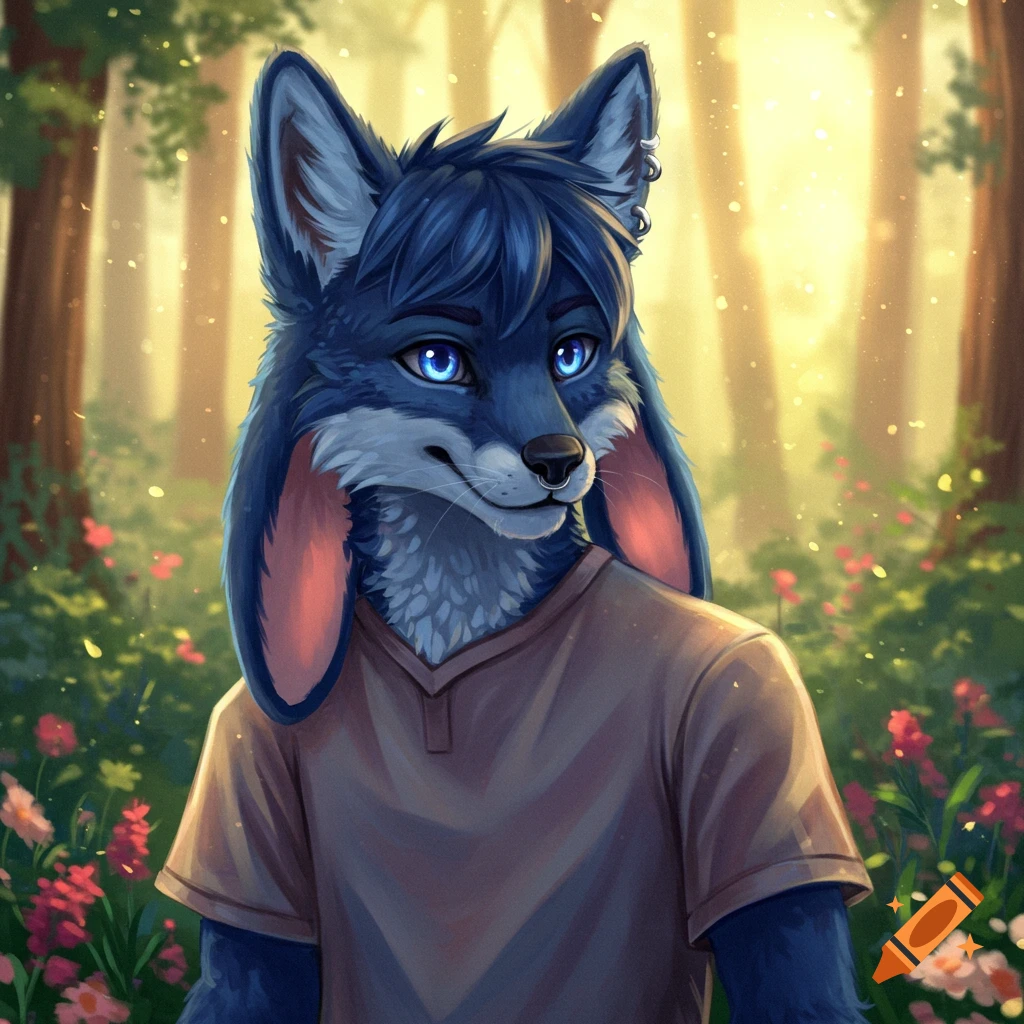 A blue fox-bunny fursona with piercing in a sunlit forest.