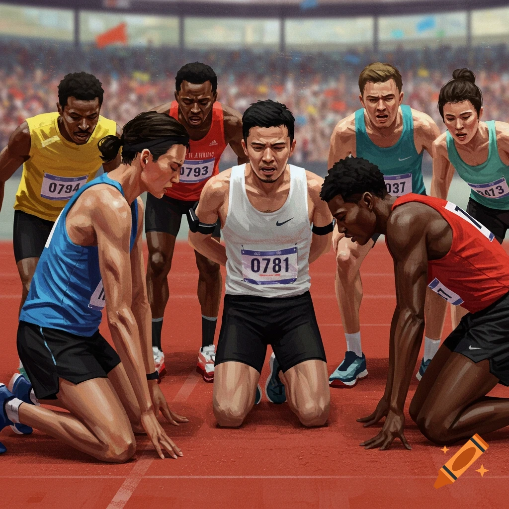 Runners on a track, some kneeling, during a race in a stadium.