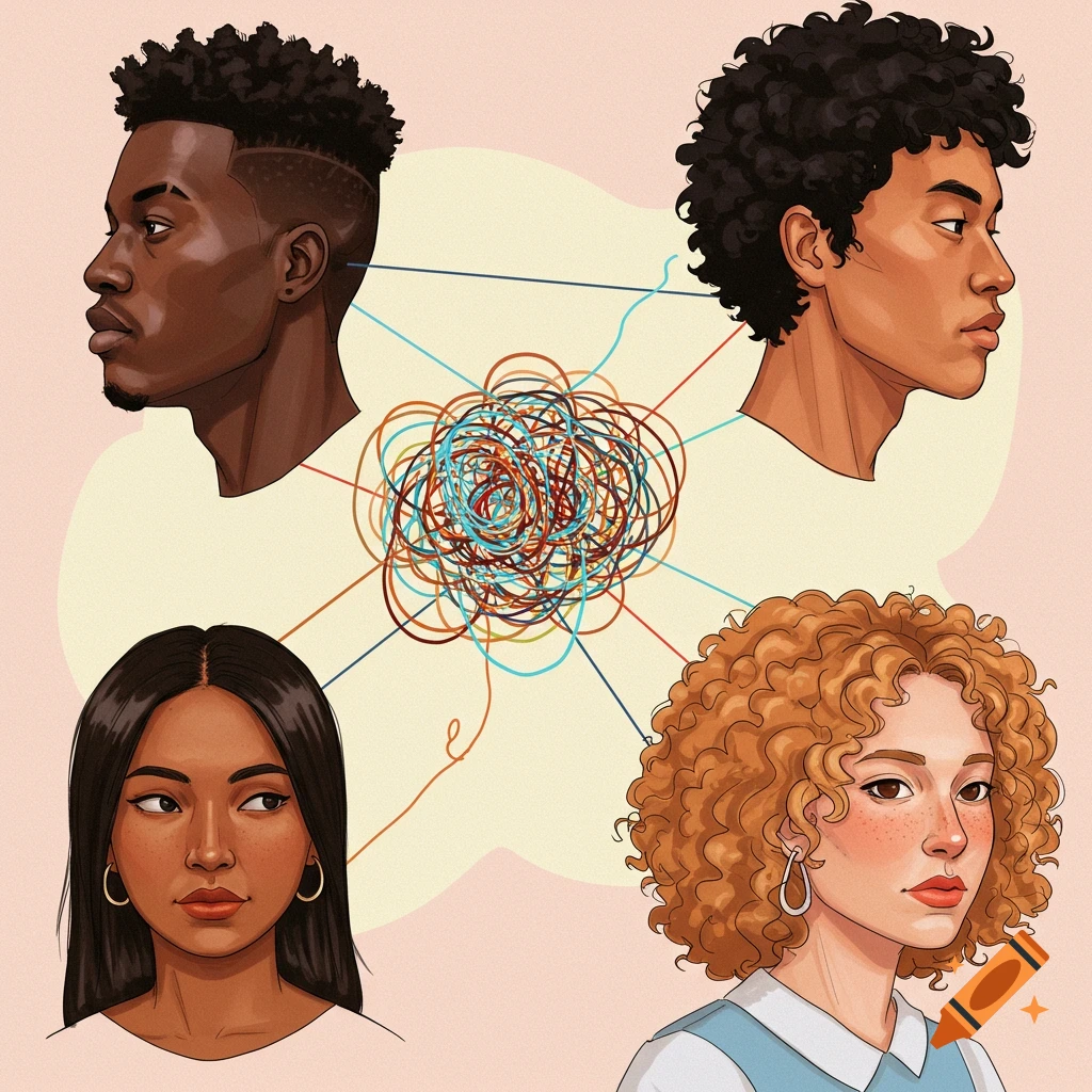 Four diverse people connected by tangled threads