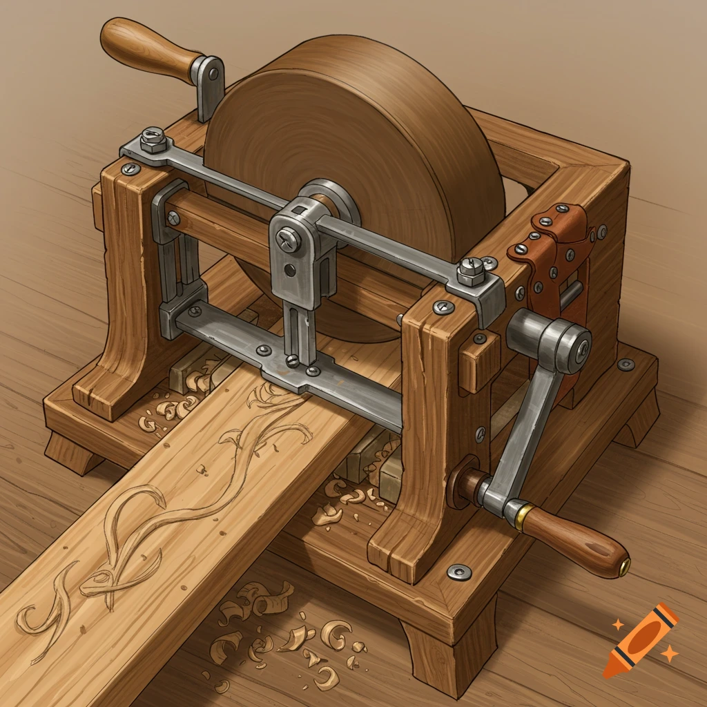 A hand-cranked wood carving machine with a large wheel is working on an ornate wooden board.