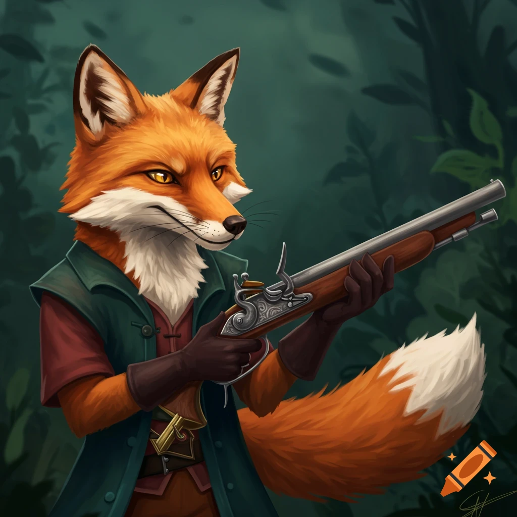 An anthropomorphic fox in a forest holding a rifle.