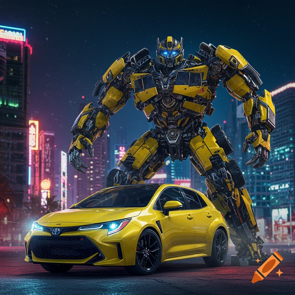 Giant yellow robot stands behind a yellow car on a neon-lit city street at night.