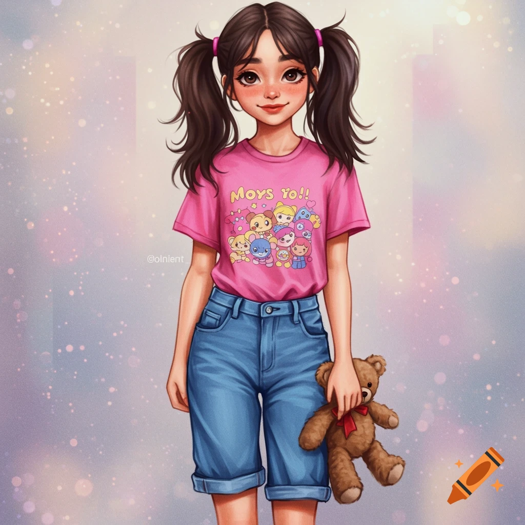 A young girl with pigtails in a pink shirt and denim shorts, holding a teddy bear.