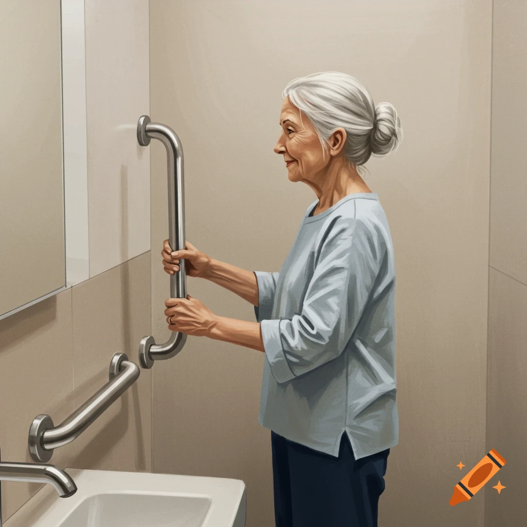 A woman using a grab bar in a bathroom.