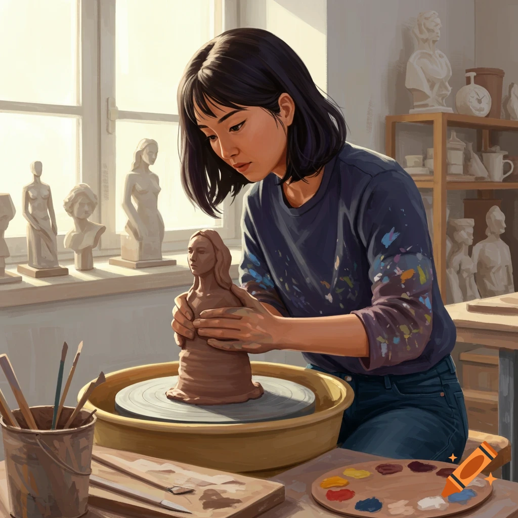 A person is working on a sculpture of another person on a pottery wheel in an art studio.