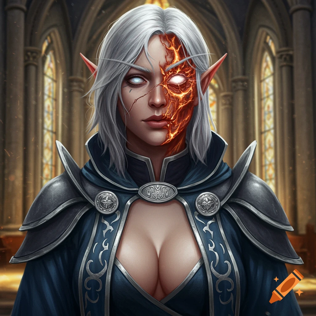 Detailed art of a female elf cleric with a half-face burn, silver hair, in a cathedral.