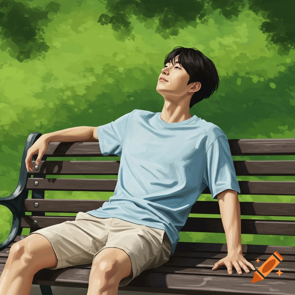 A person sitting on a park bench, looking up at the sky.