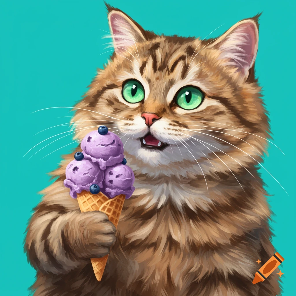 A cute tabby cat holding a blueberry ice cream cone.