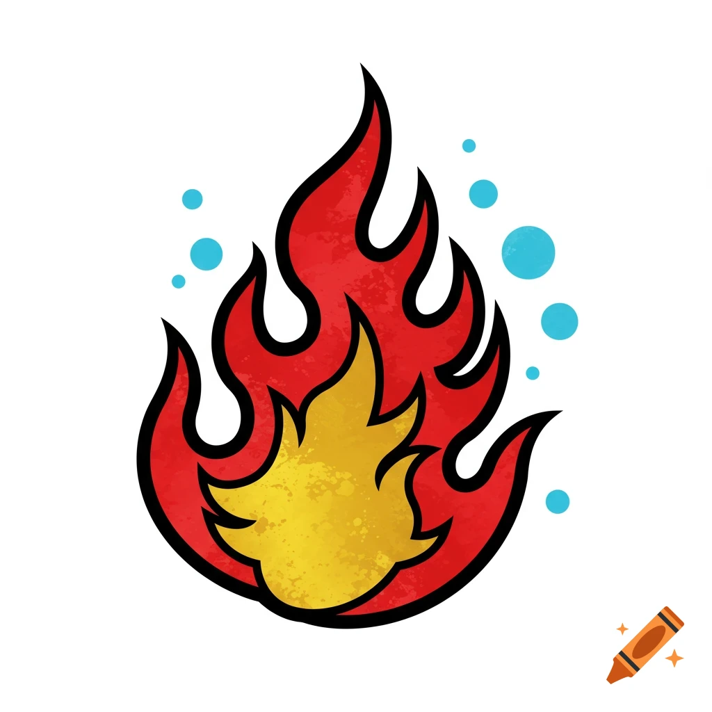 A stylized image of a red and yellow flame with blue circles