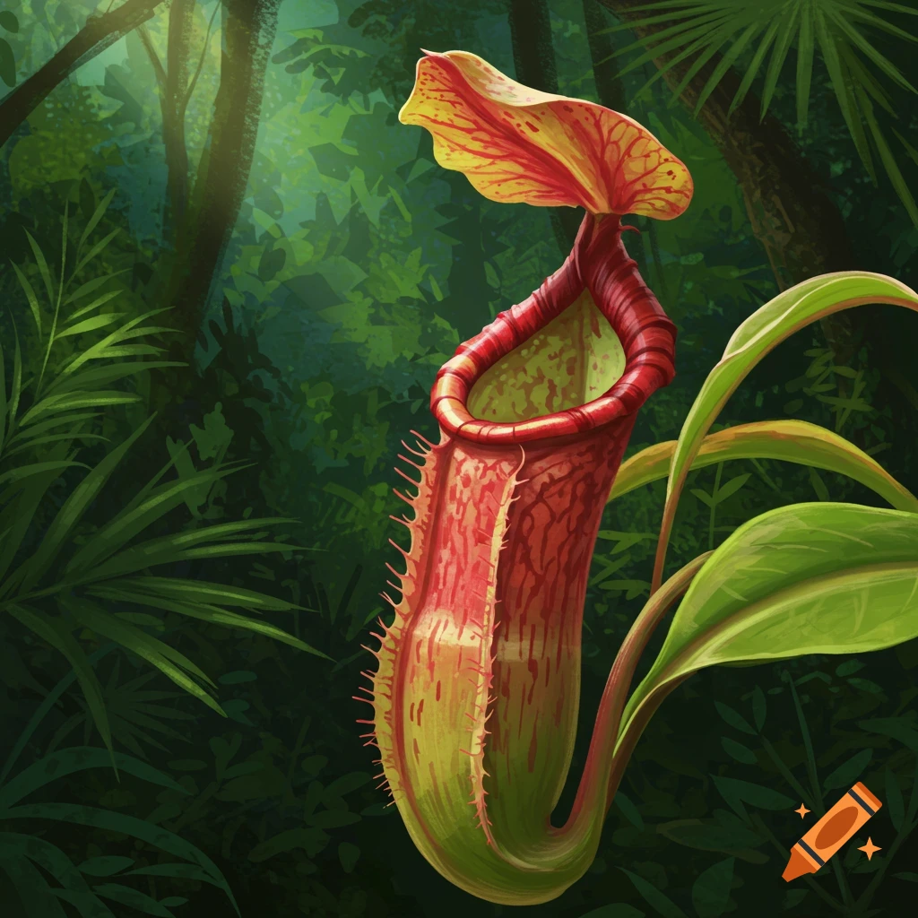 A red and green pitcher plant sits in a forest.