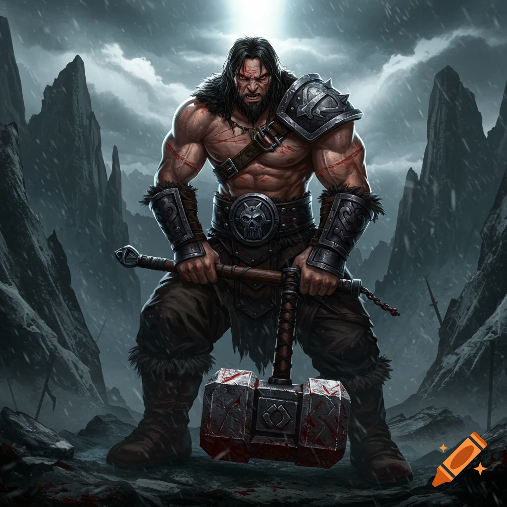A muscular barbarian stands in a snowy mountain setting, holding a bloody maul.