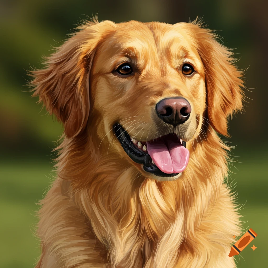 A close-up of a golden retriever dog looking friendly.