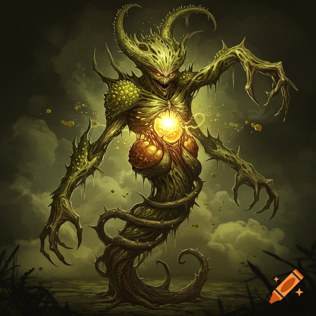 A thorny, monstrous creature with glowing parts stands in a swampy landscape.