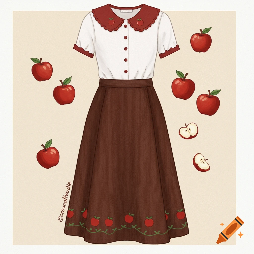 A white blouse with an apple collar is worn with a brown skirt featuring apples at the hem. The figure is surrounded by floating apples.