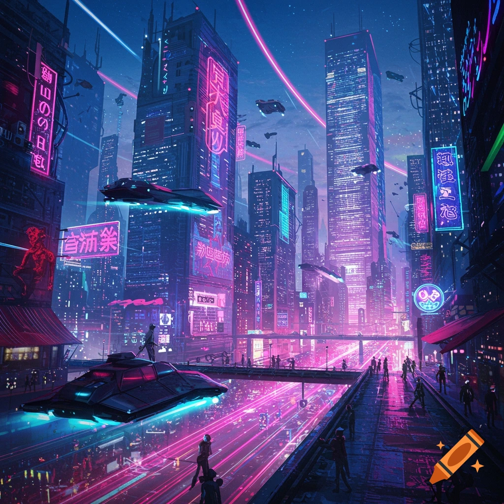 A vibrant neon-lit cyberpunk city with flying vehicles and pedestrians.