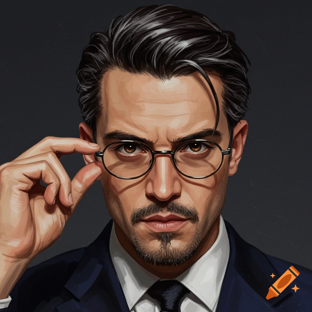 Portrait of a man in a suit and glasses adjusting his spectacles.