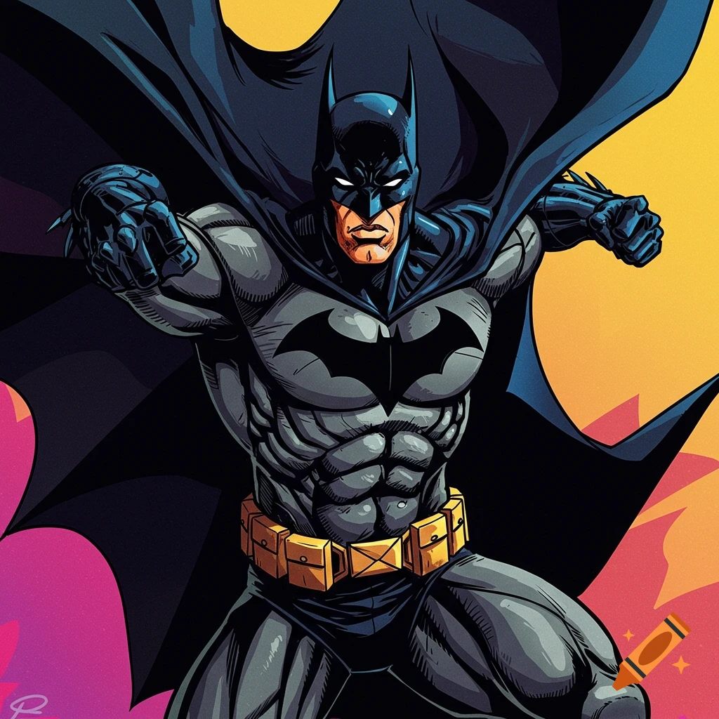 Comic book style illustration of Batman in a dynamic pose against a colorful background.