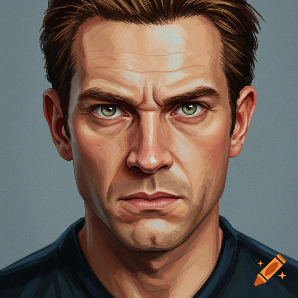 Close-up of a man's face with an intense expression, furrowed brows, and green eyes.