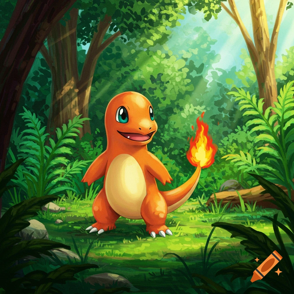 Charmander standing in a sunlit forest.
