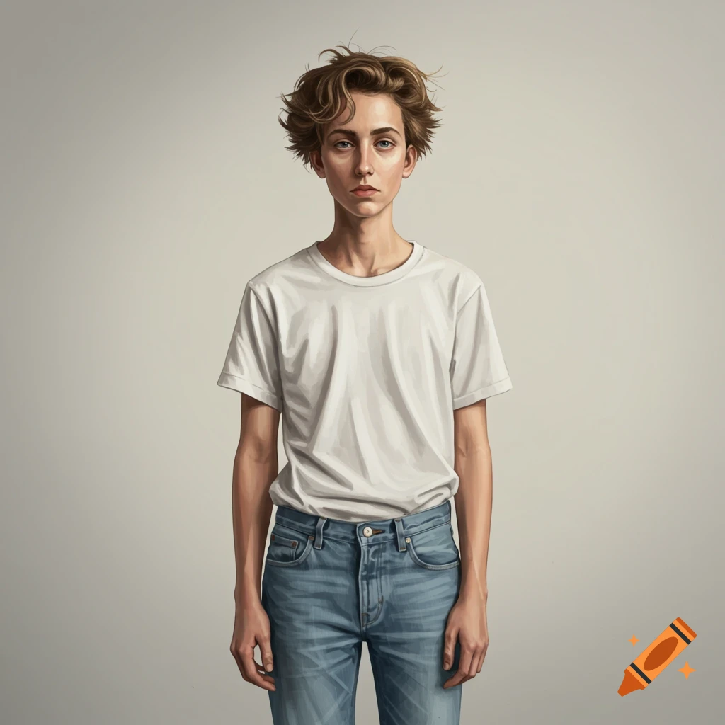 A young person in a white t-shirt and jeans stands against a plain background.